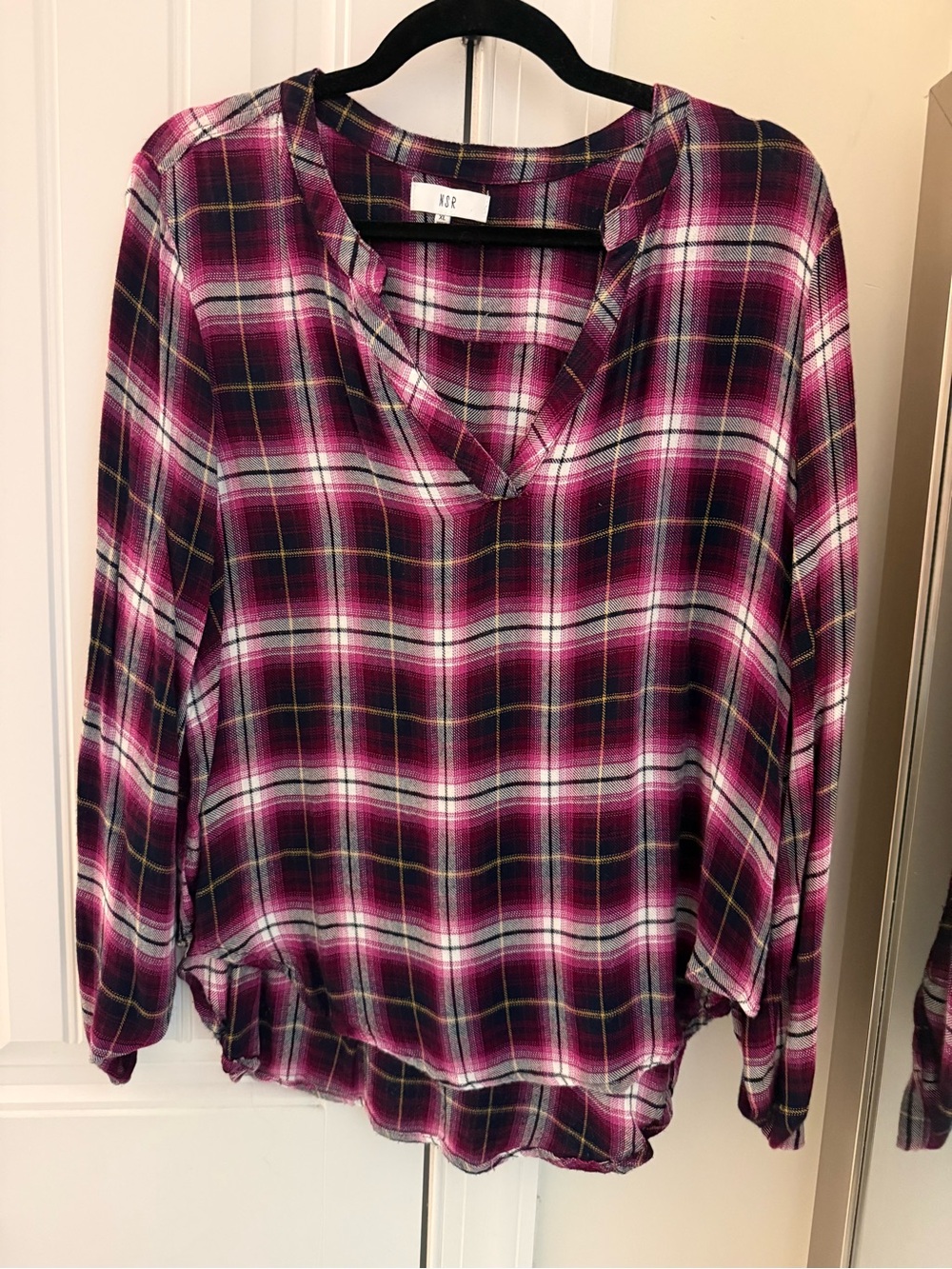 NSR Pink and Black Plaid V-Neck Tunic Top